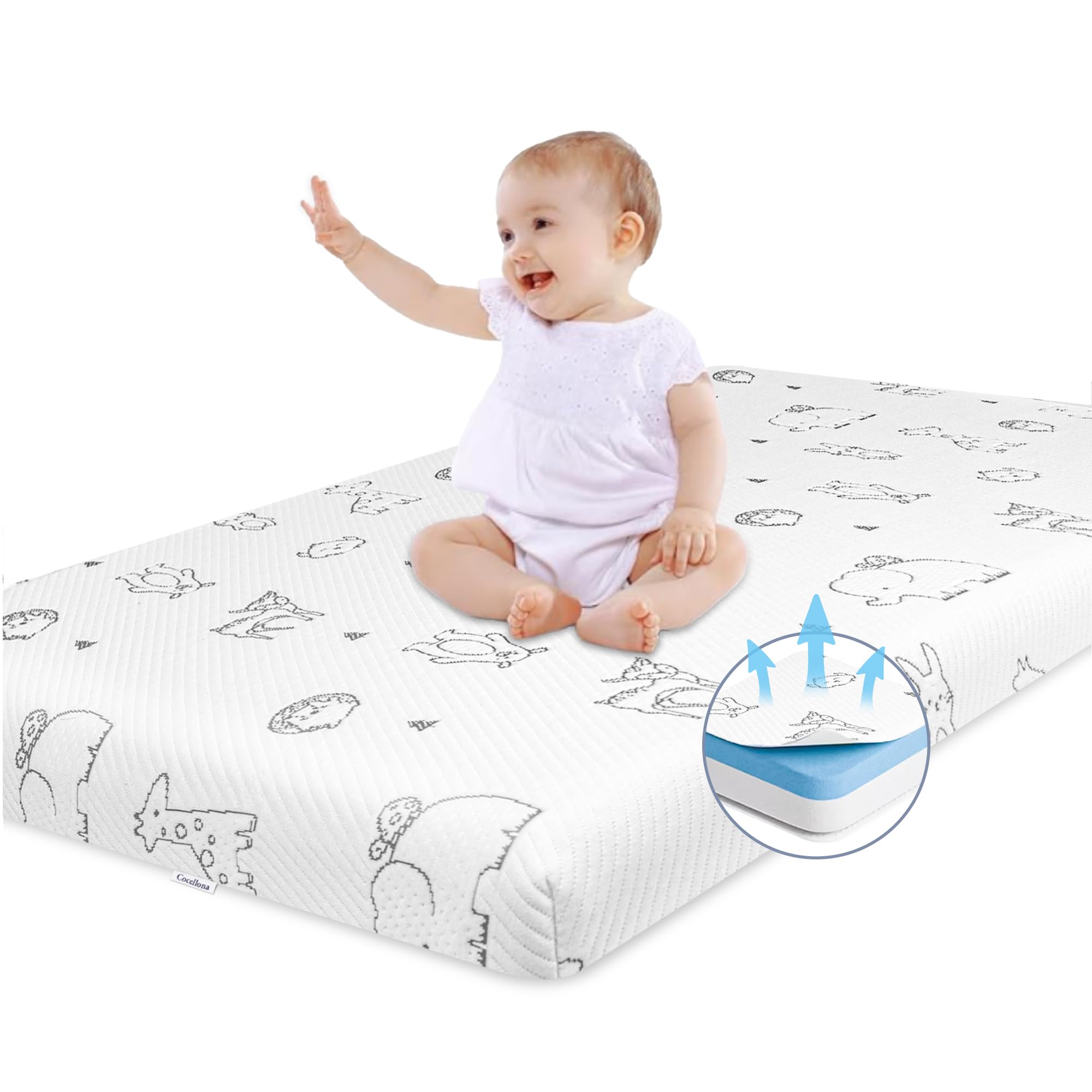 Cocellona pack-n-play mattress cover with breathable animal pattern for quiet, comfortable sleep.