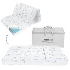 Cocellona pack n play mattress folded for travel and storage.
