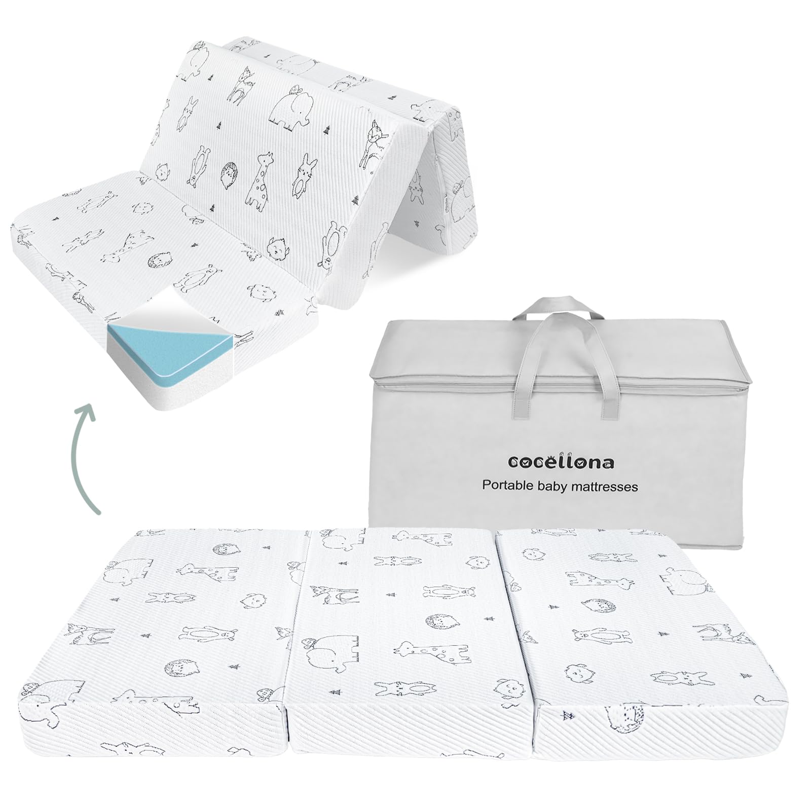 Cocellona trifold pack-and-play mattress folded for easy travel and packing.