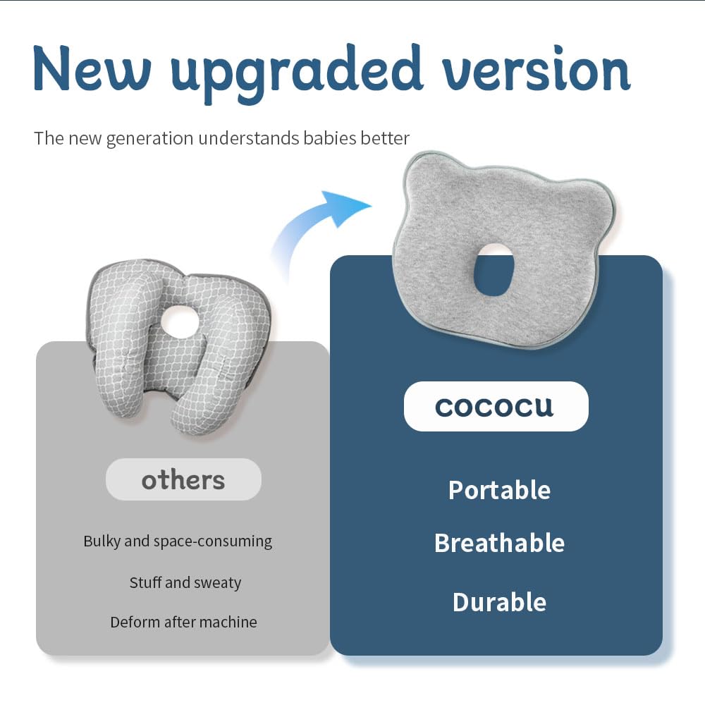 Cococu memory foam baby pillow one hundred percent cotton cover delivers breathable comfort.
