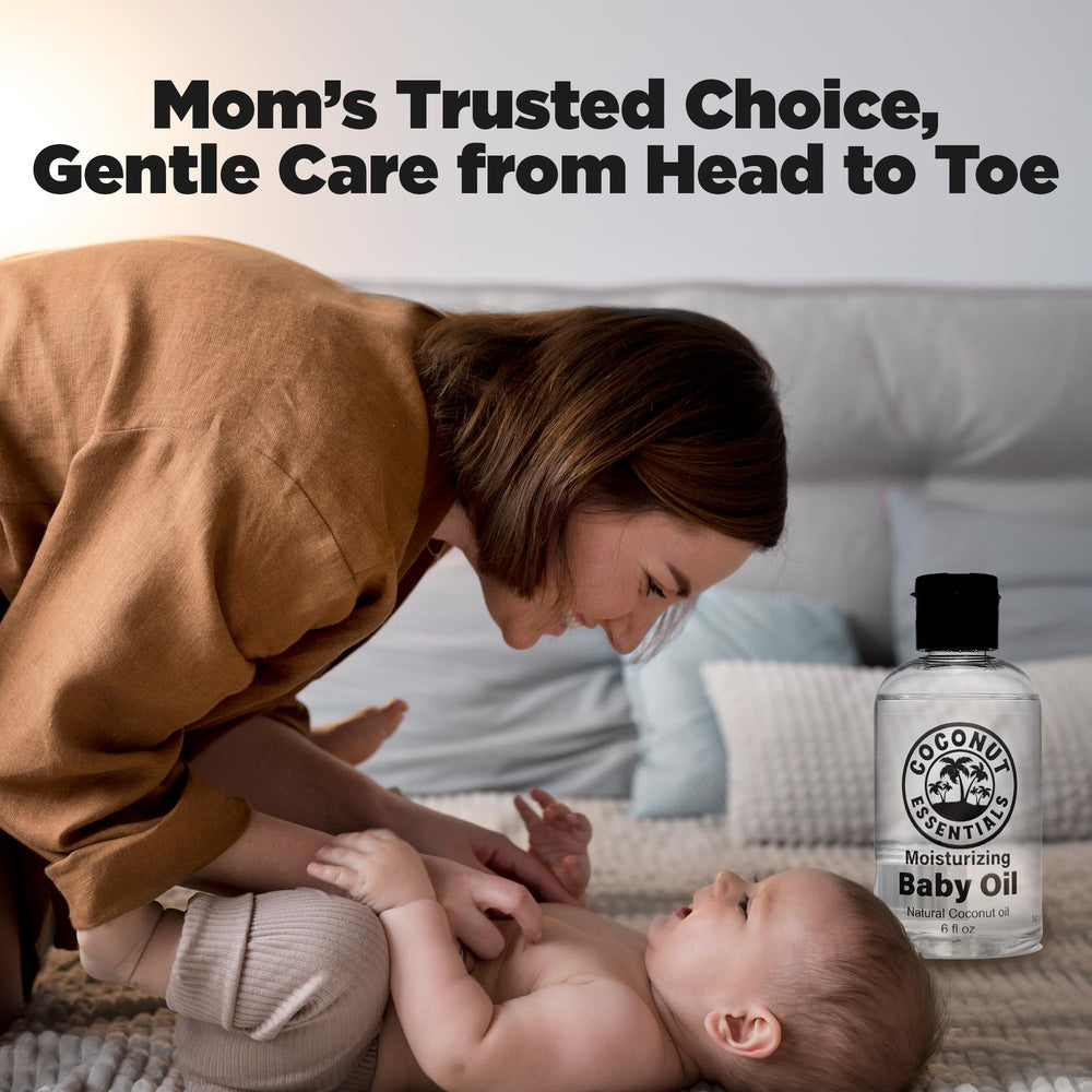 Coconut Essentials Baby Oil absorbs quickly for non-greasy daily moisture.