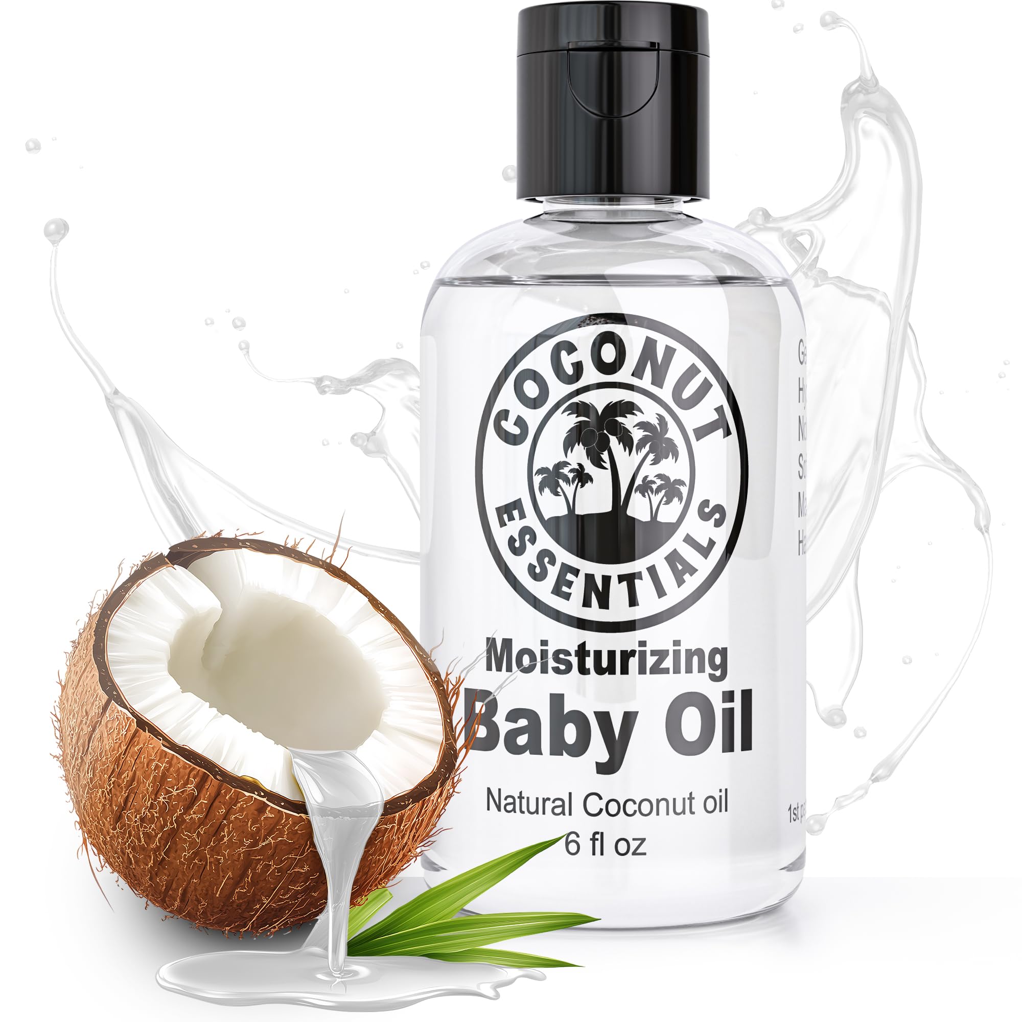 Coconut Essentials Baby Oil minimal-ingredients label highlights purity.