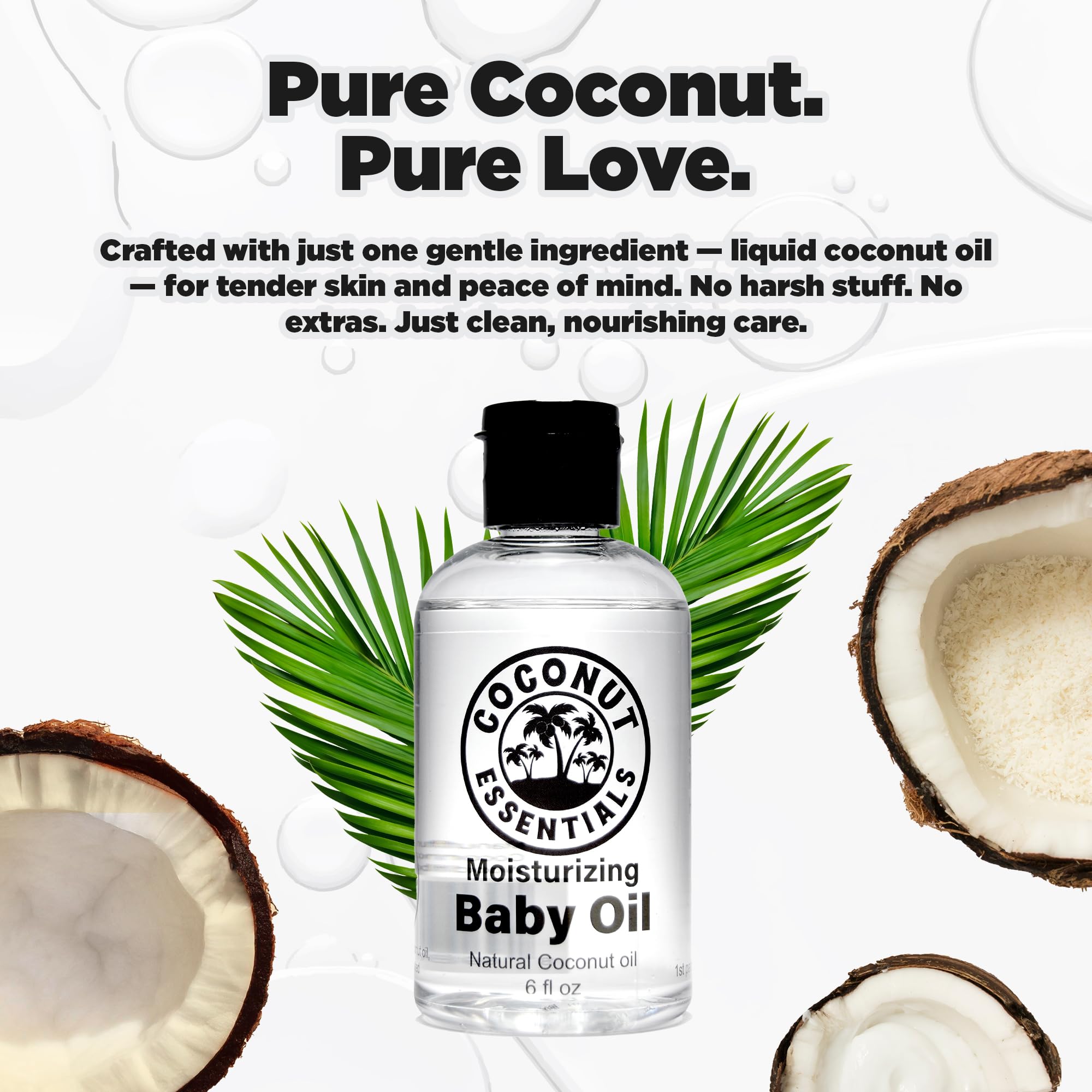 Coconut Essentials Baby Oil unscented formula for sensitive skin.