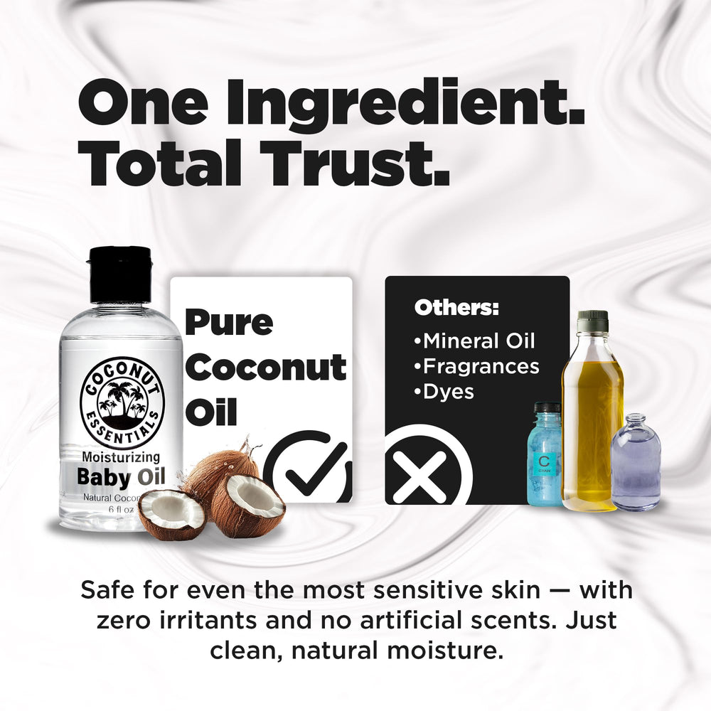 Coconut Essentials Baby Oil on skin and hair—lightweight moisture.