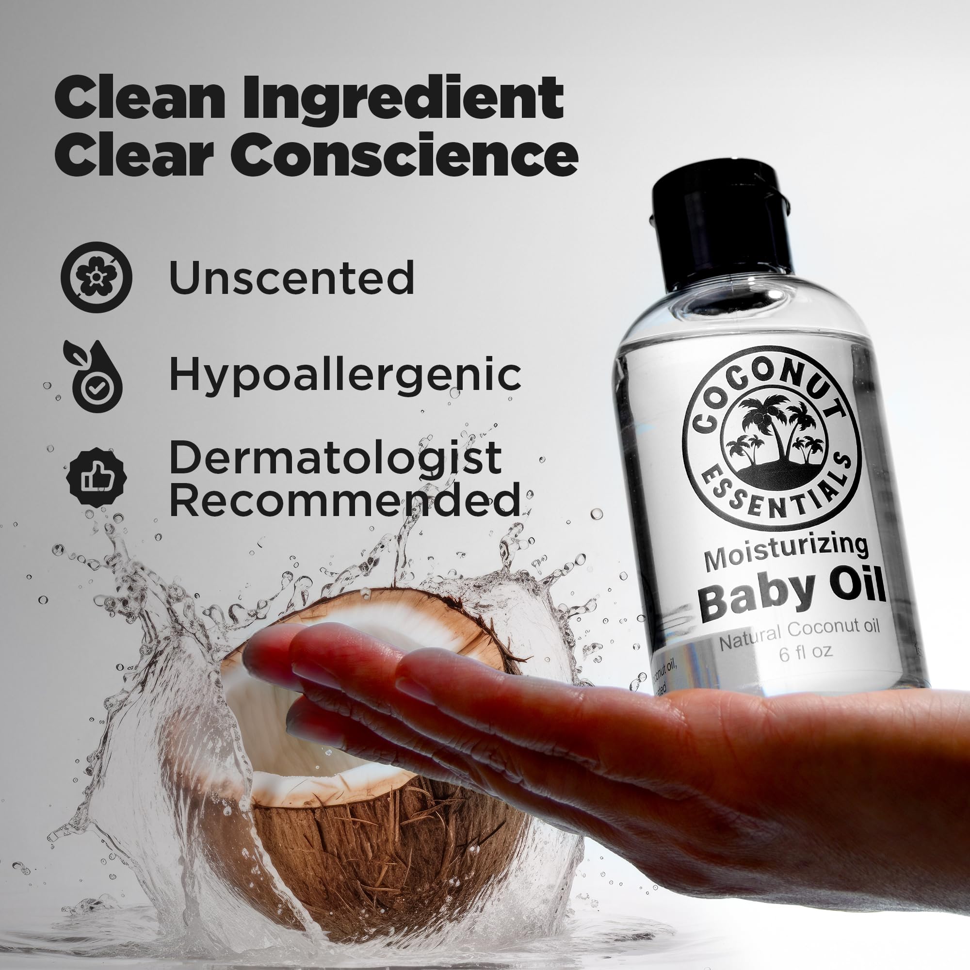 Coconut Essentials Baby Oil travel-size bottle—on-the-go care.