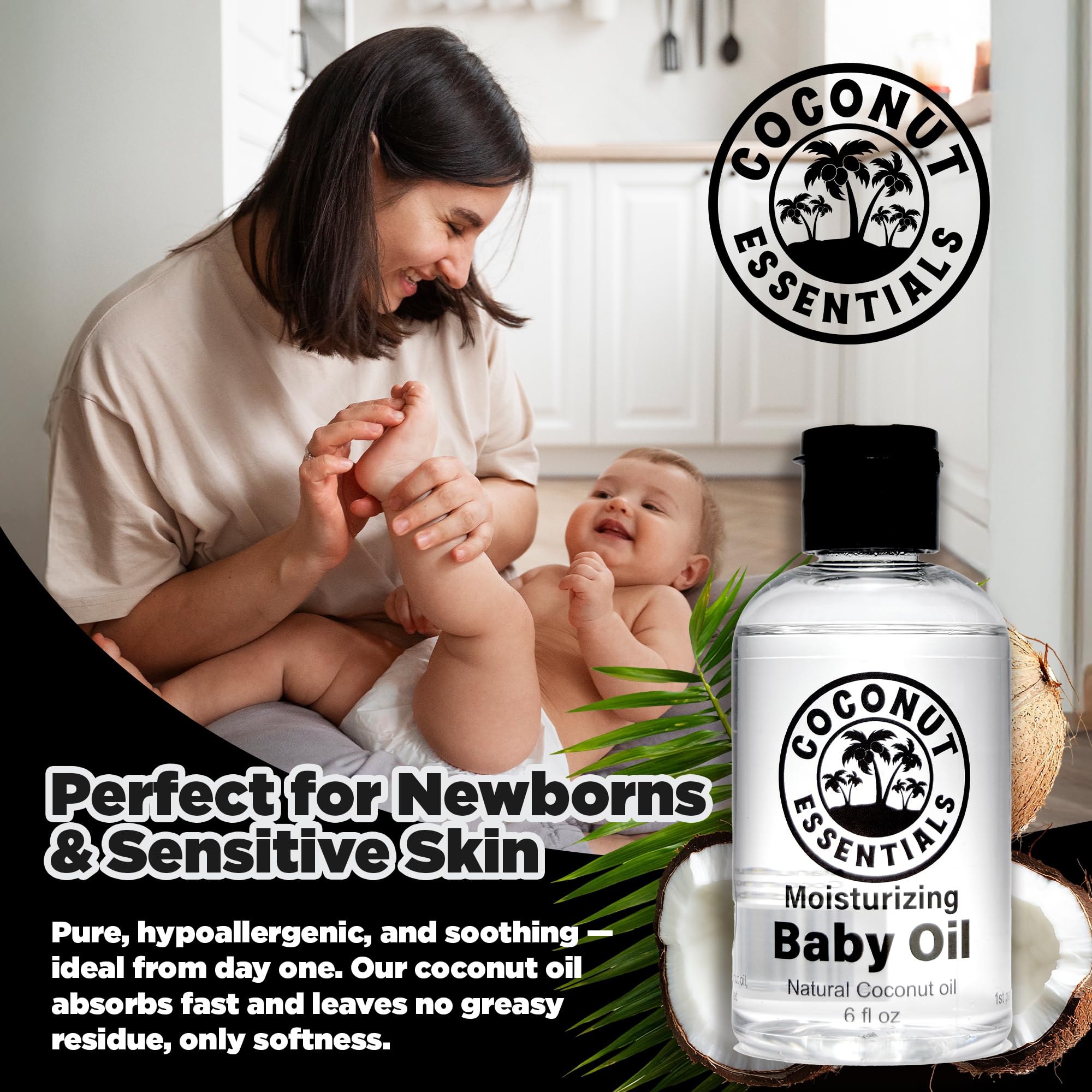 Coconut Essentials Baby Oil label—hypoallergenic, fragrance-free care.