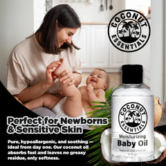Coconut Essentials Baby Oil label—hypoallergenic, fragrance-free care.