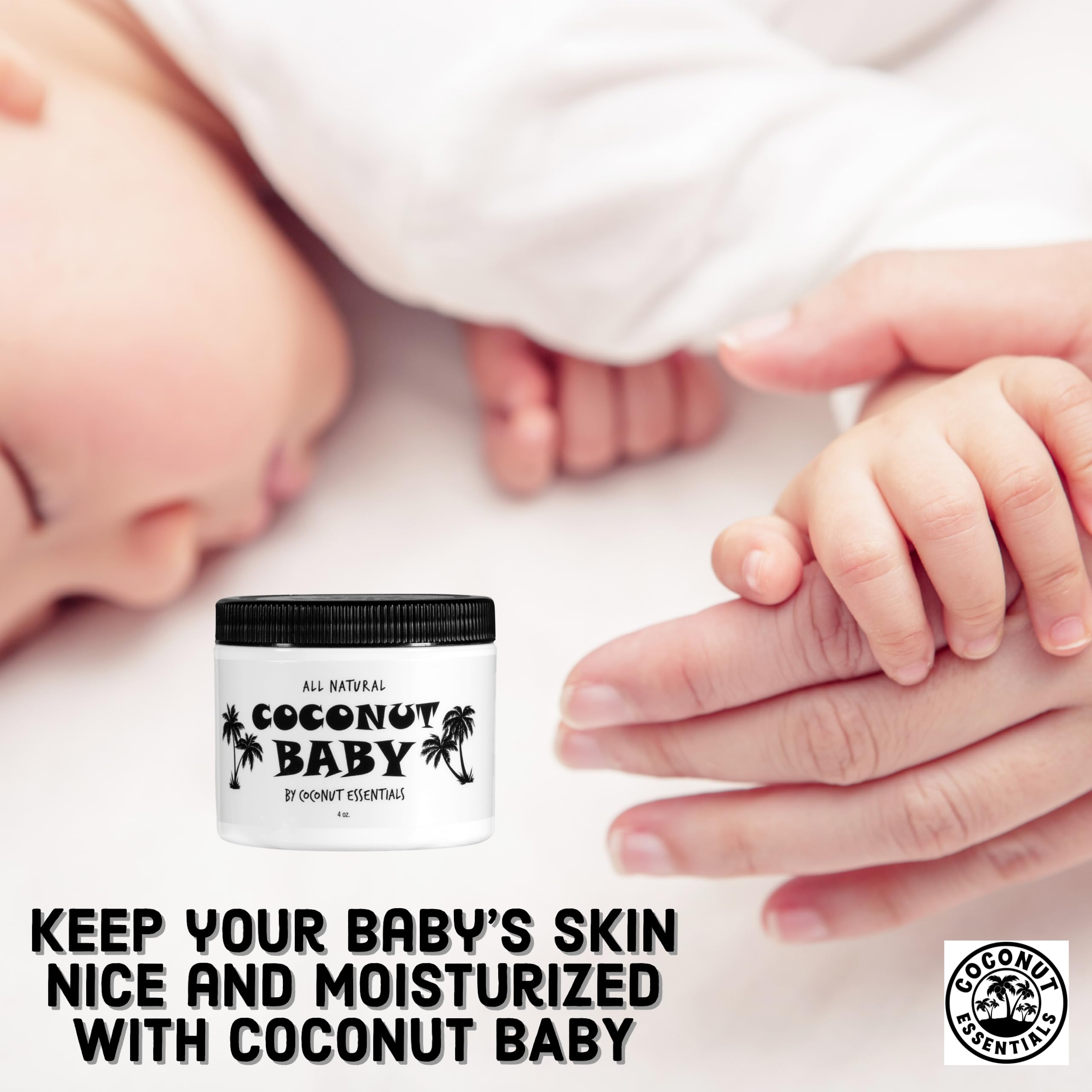 Close-up of Coconut Essentials Coconut Baby Oil unscented formula for newborns