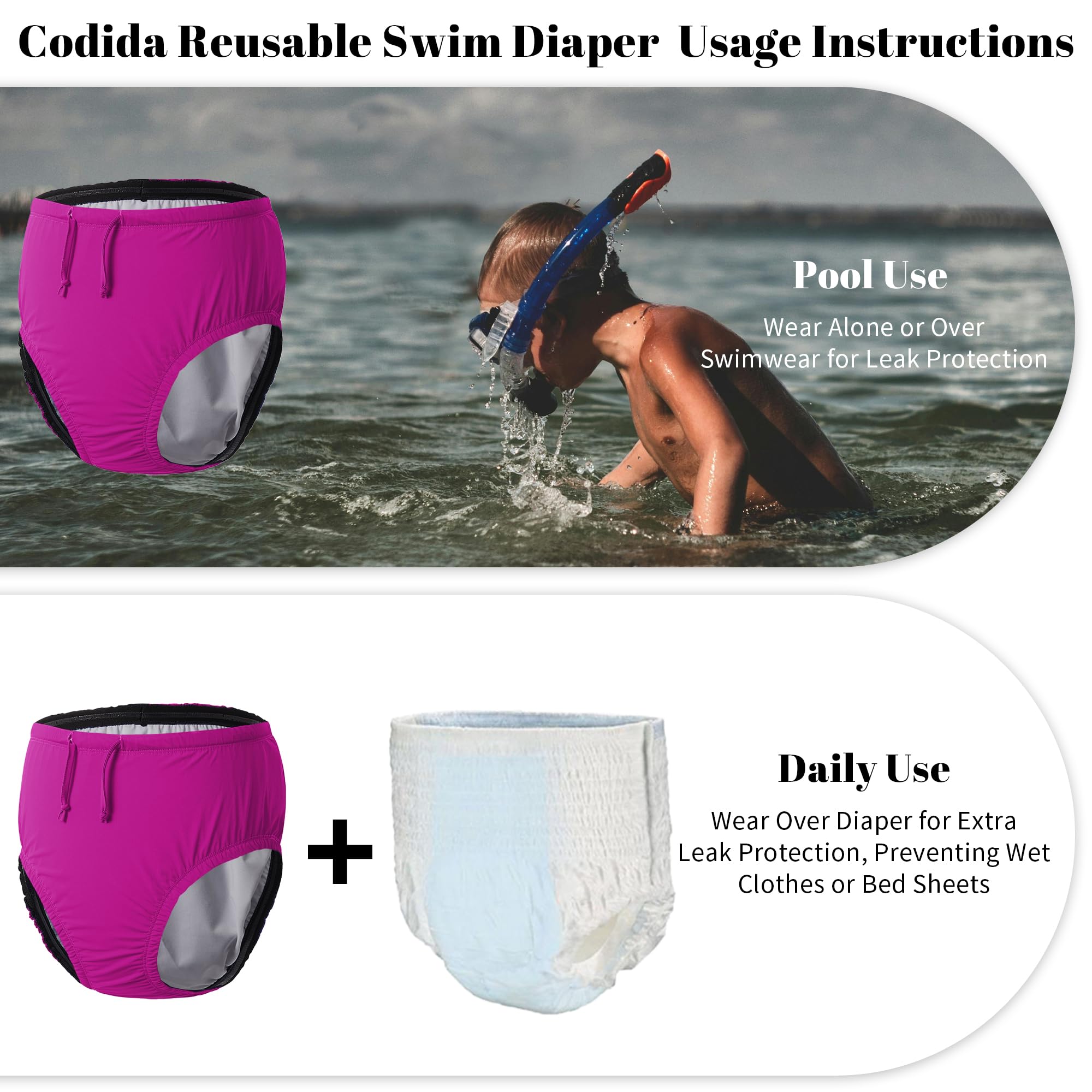Codida pink adult swim diaper waist-seal detail for secure daily wear.