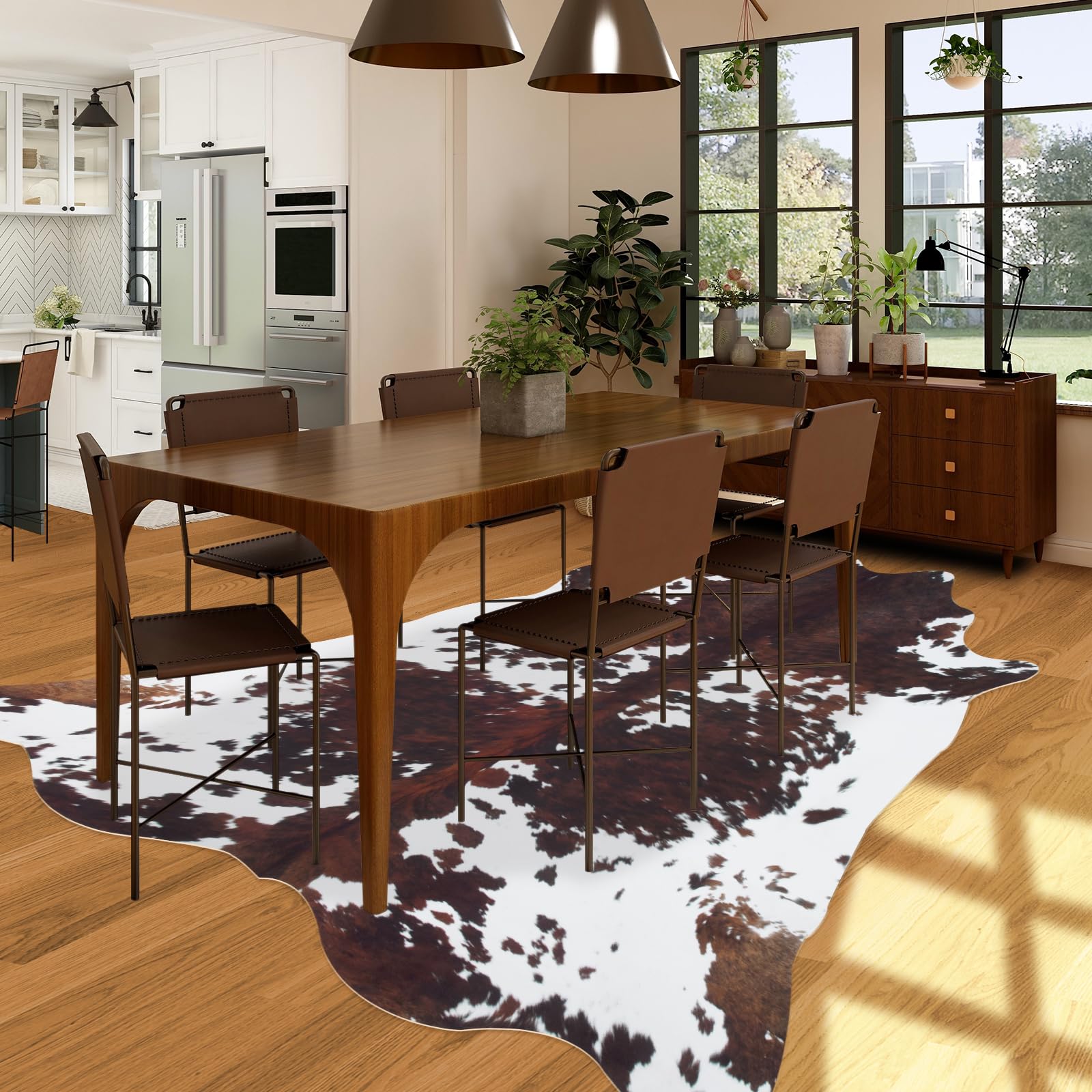 coffinsea cowhide rug dining room area complements tables and chairs