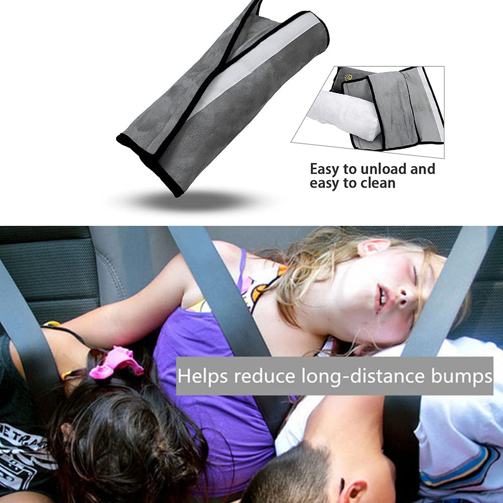 COFFLED gray seatbelt pillow provides comfortable head and shoulder padding during travel.