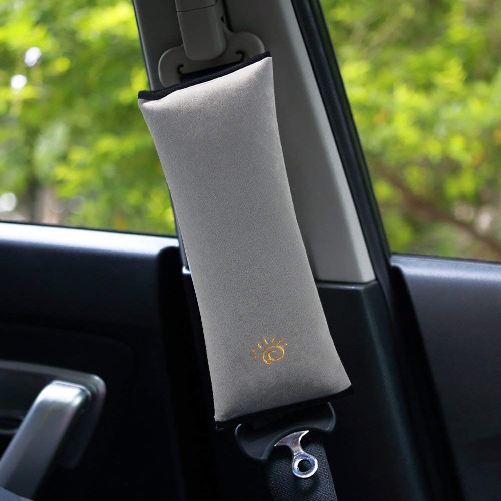 COFFLED gray universal seat belt pillow stays in place across seats.