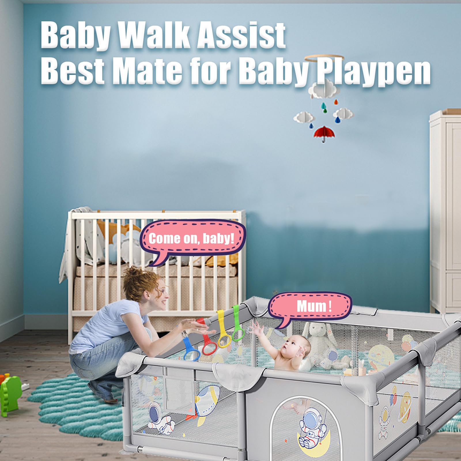 COHEXA pull up ring attached to crib bar for secure, easy grasping.
