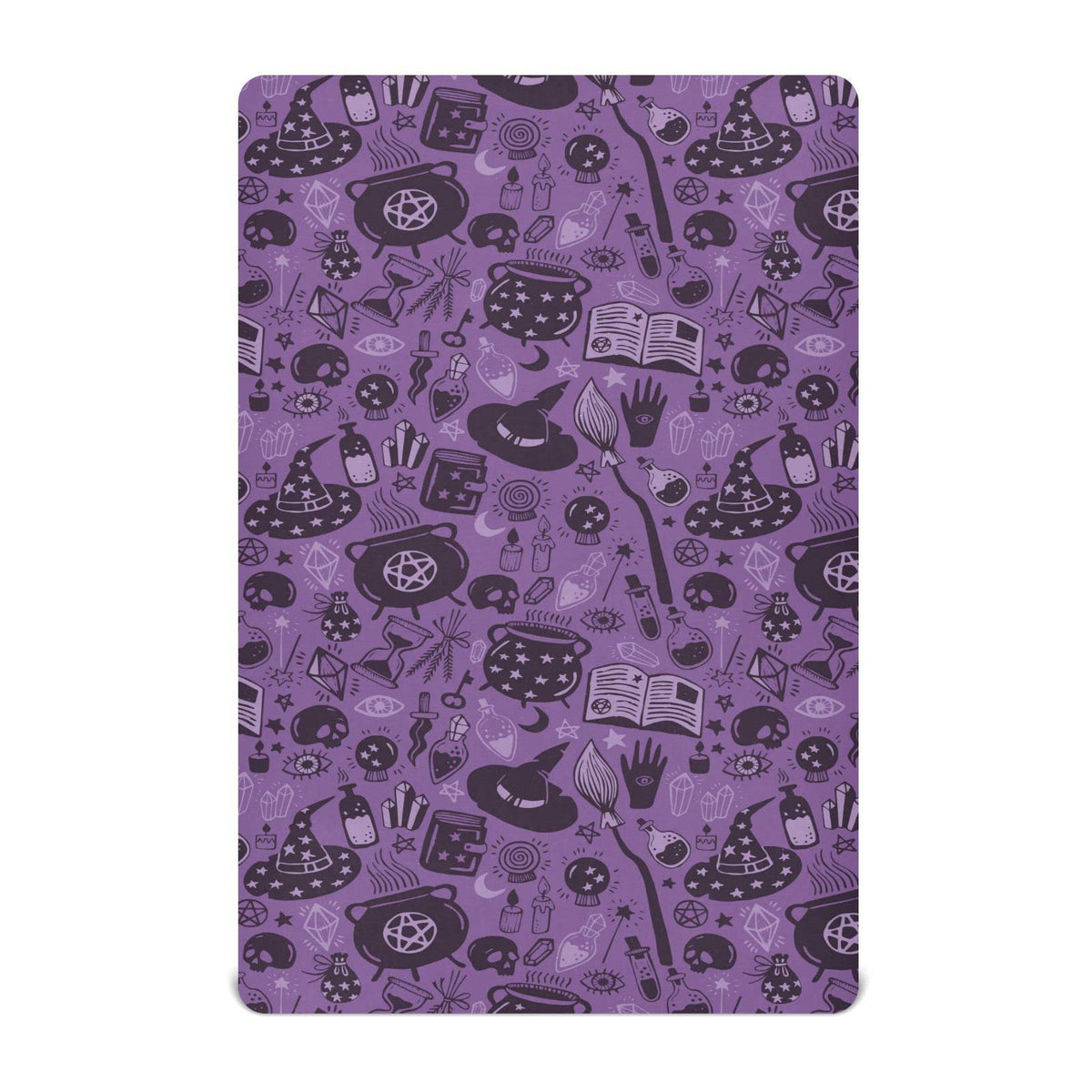 Coikll witch-themed fitted crib sheet on standard crib mattress with snug elastic edge.