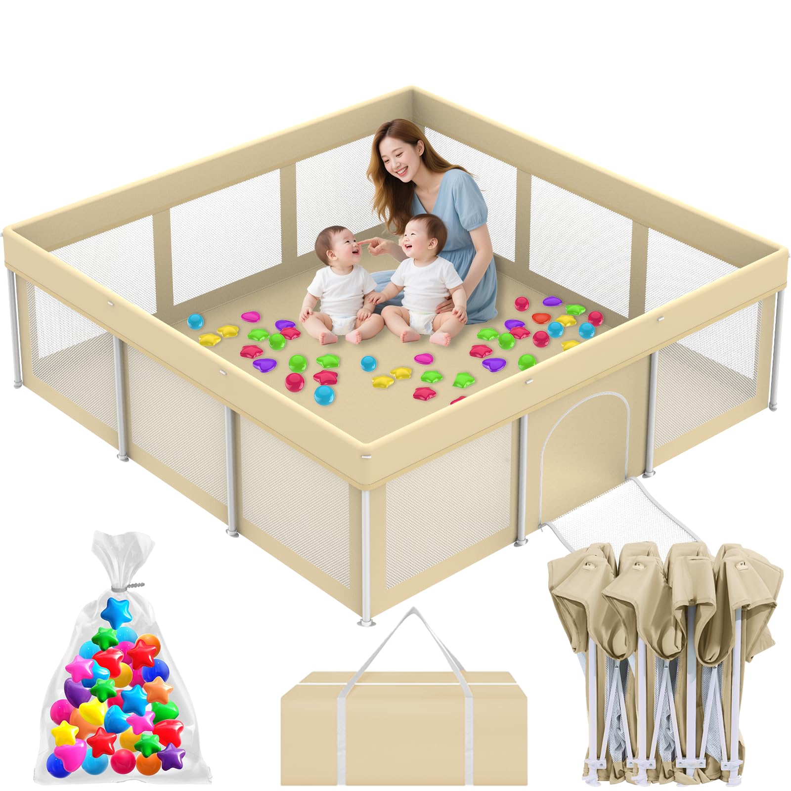 Coilace foldable playpen 71x71 beige provides spacious safety for babies indoors.