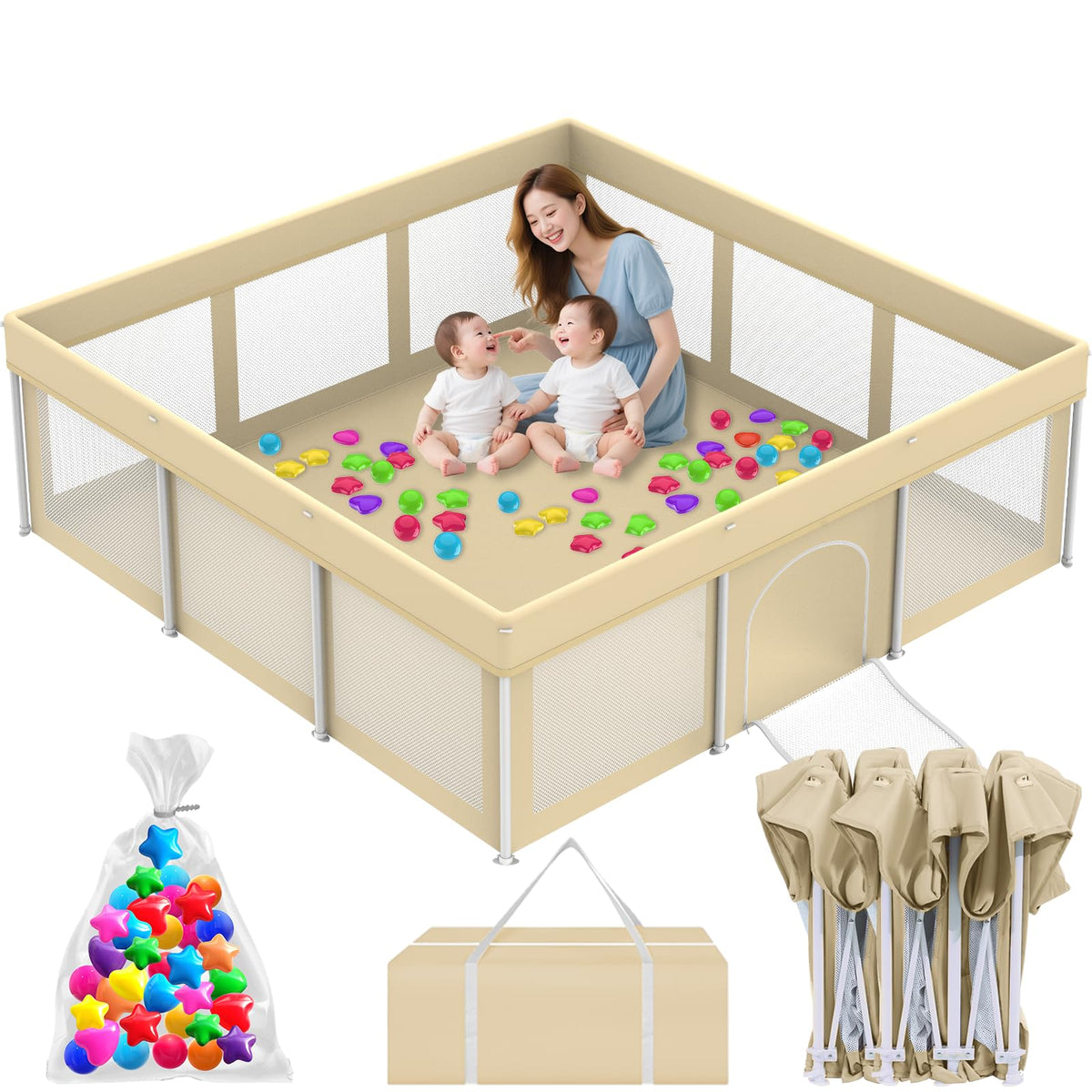 Coilace foldable playpen 71x71 beige provides spacious safety for babies indoors.