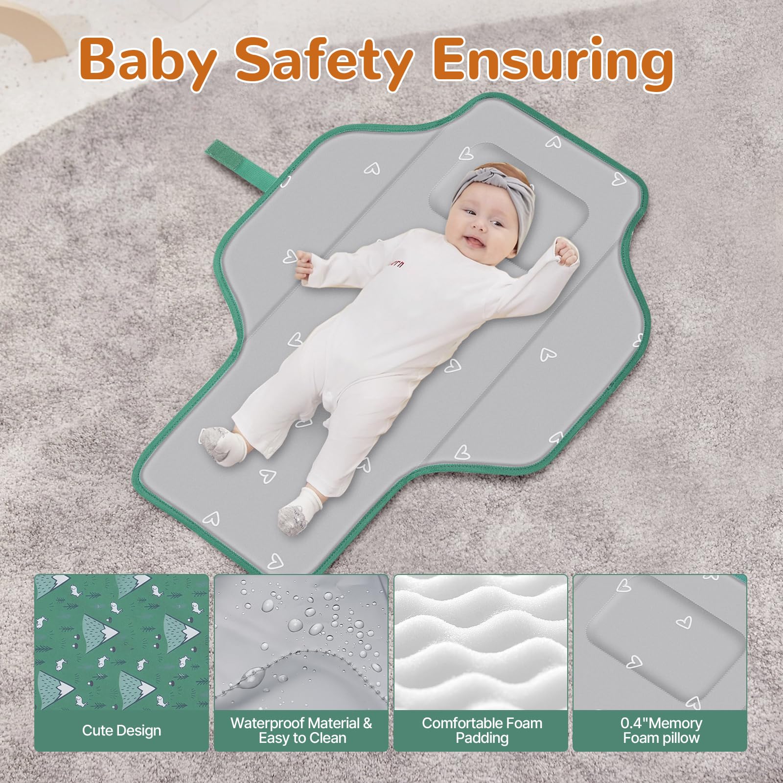 Coinarin change pad head pillow provides gentle head support for baby comfort.