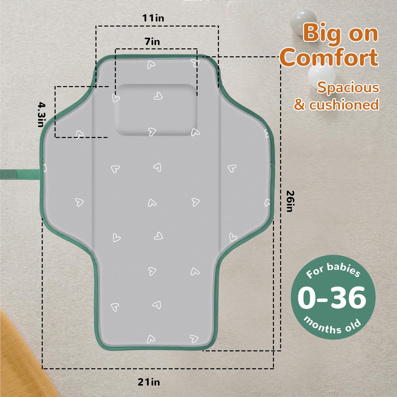 Coinarin waterproof changing mat surface for quick wipe-down on any surface.