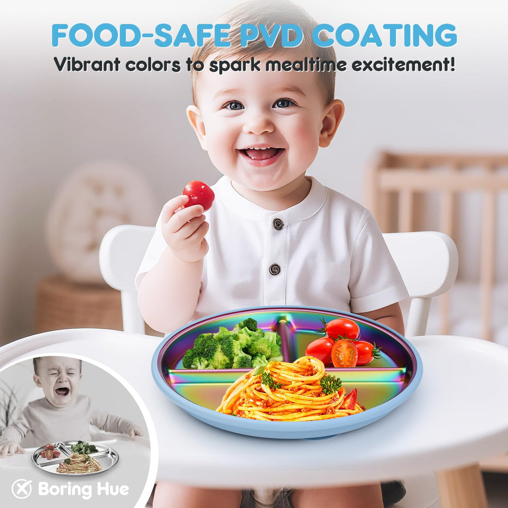 Coinicxcel stainless steel plate with suction base stays secure on a high chair