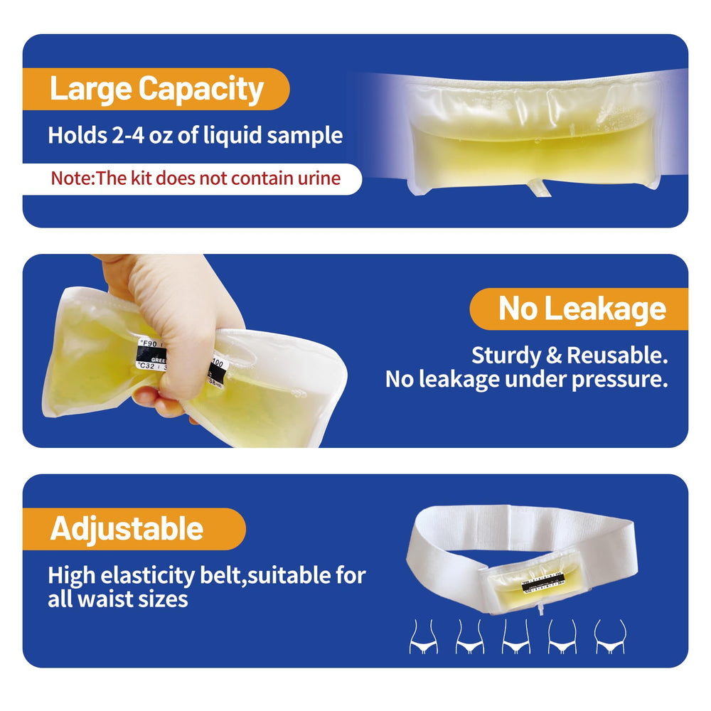Coinore urine test bag in clear leakproof plastic.