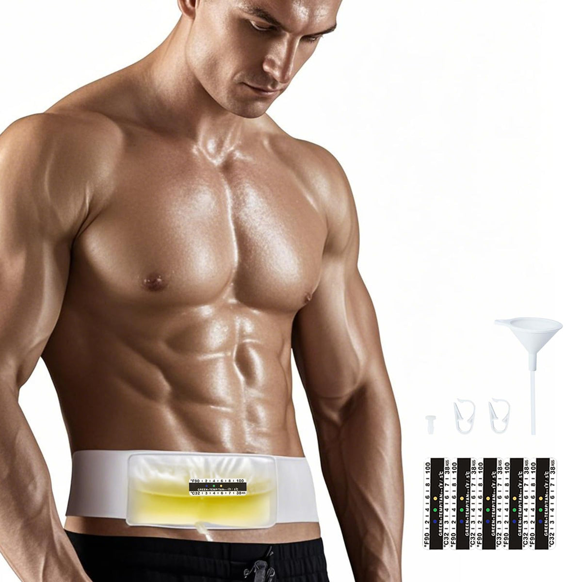 Coinore urine test belt bag front view showing discreet wear.