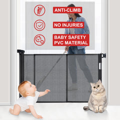 Colbabe retractable gate on stairs shows secure top-to-bottom safety when needed.
