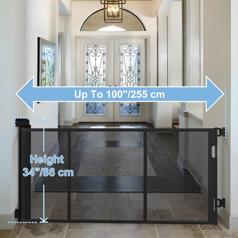 Colbabe retractable gate rolled-back storage saves space when not in use.