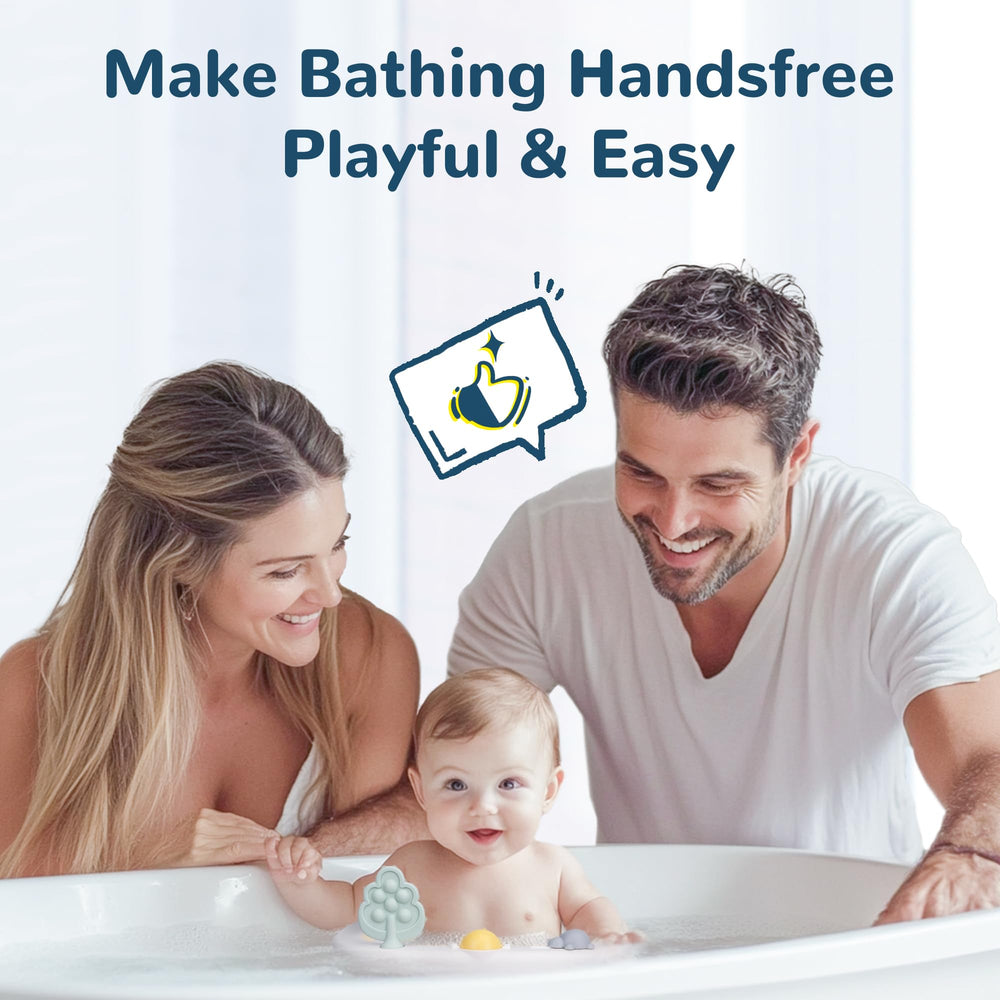 Coldew bath seat with silicone tree, rotating ball, and turtle toys