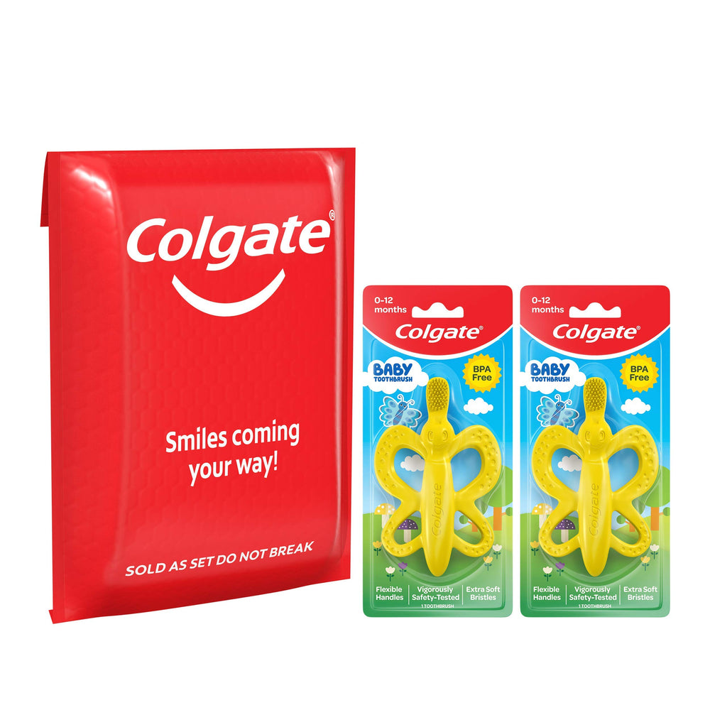 Colgate Baby Toothbrush and Teether designed for tiny hands during brushing practice.