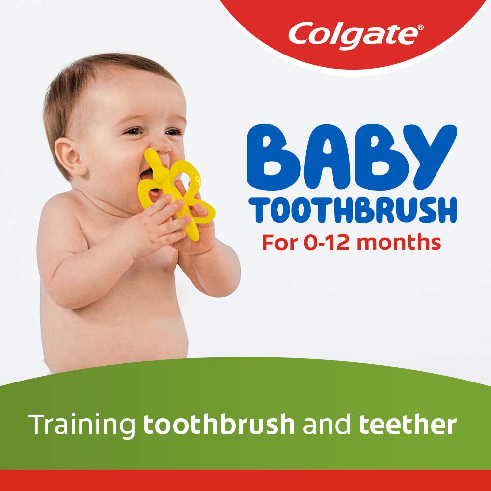 Colgate BPA-free silicone material supports safe teething and playtime brushing.