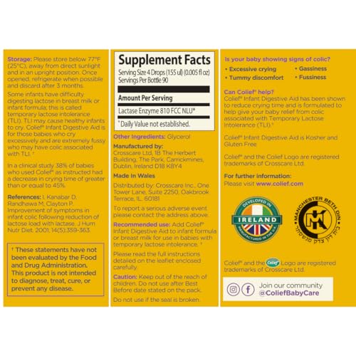 Colief bottle-label close-up showing dosing guidance for caregivers.