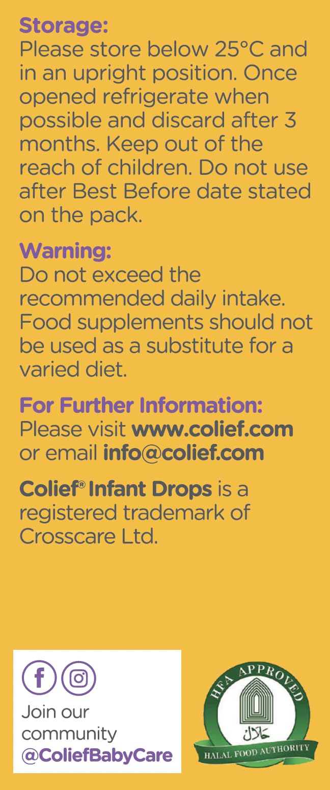 Colief Infant Drops bottle with drops added to feed during preparation.