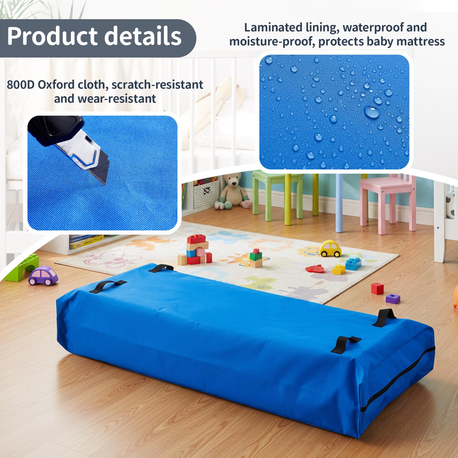 Colingmill bag sized 52.5 by 28 by 6.5 inches fits crib mattresses.