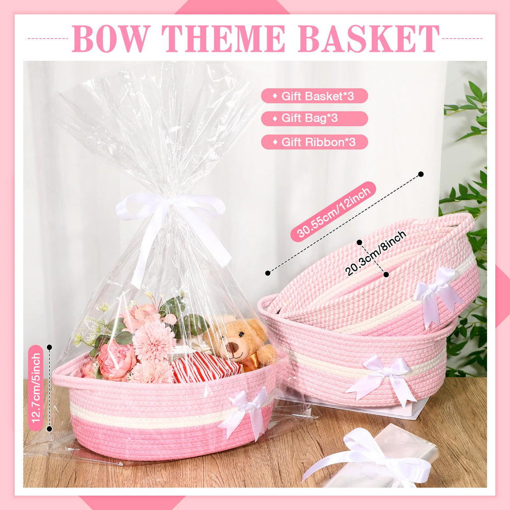Colingmill pink bow woven basket with handles for easy transport.
