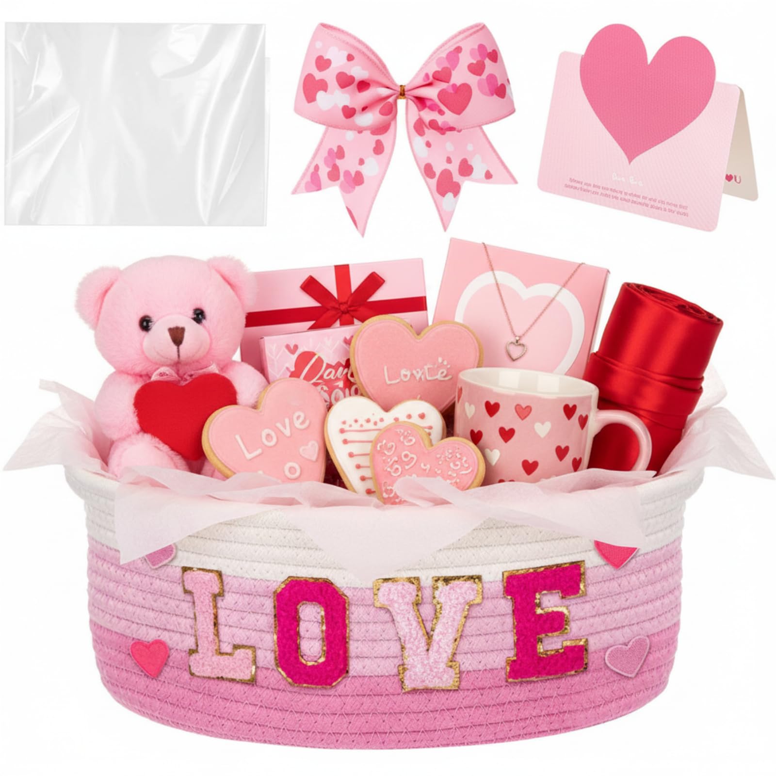 Colingmill Valentine basket with heart embroidery enhances gift presentation.