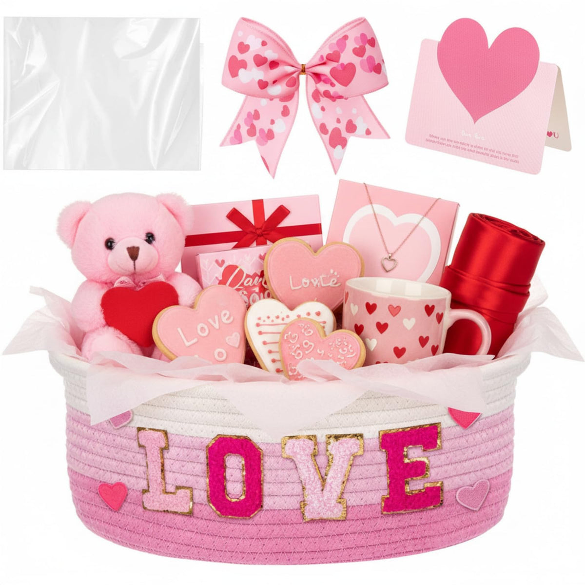 Colingmill Valentine basket with heart embroidery enhances gift presentation.
