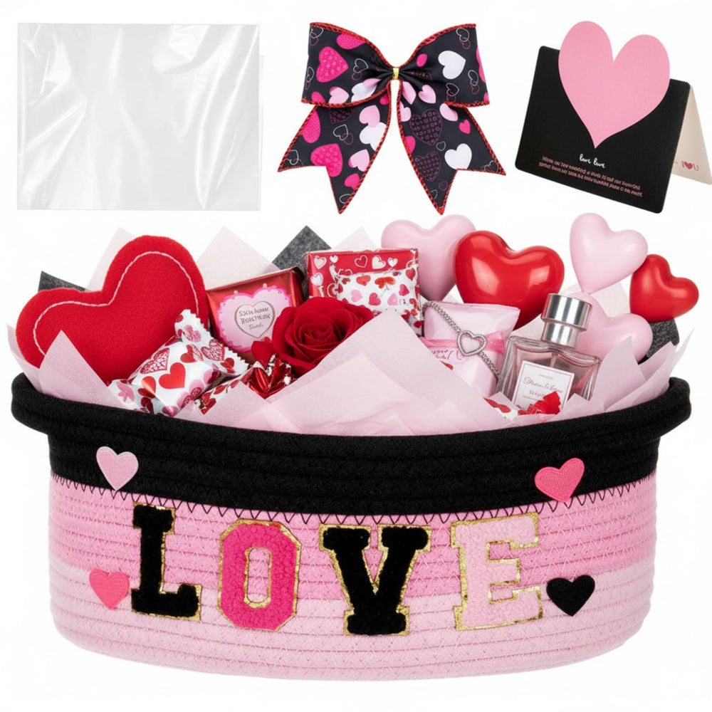 Colingmill Valentine woven basket with heart embroidery adds charm to gift presentation