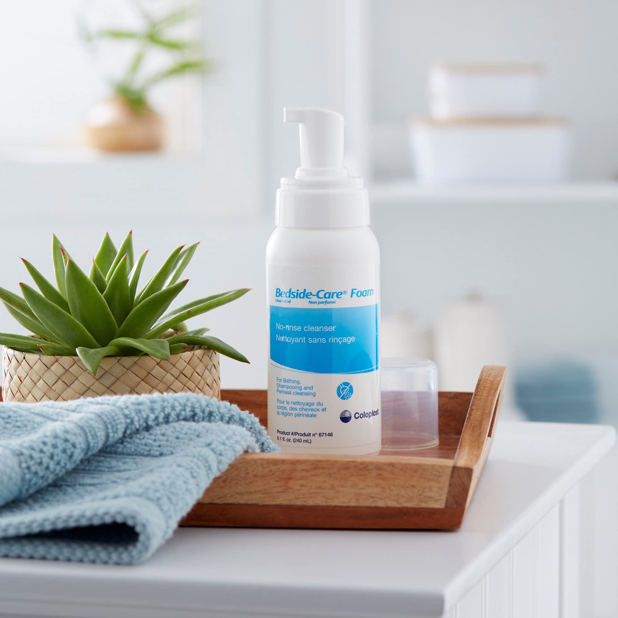 Coloplast Bedside Care Foam on a nightstand supports a simple daily care routine.