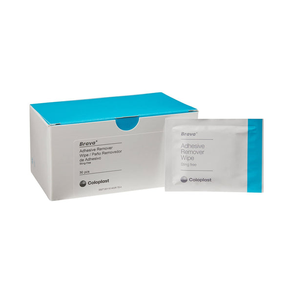 Coloplast Brava Adhesive Remover Wipes box ready for use, gentle on skin barrier.