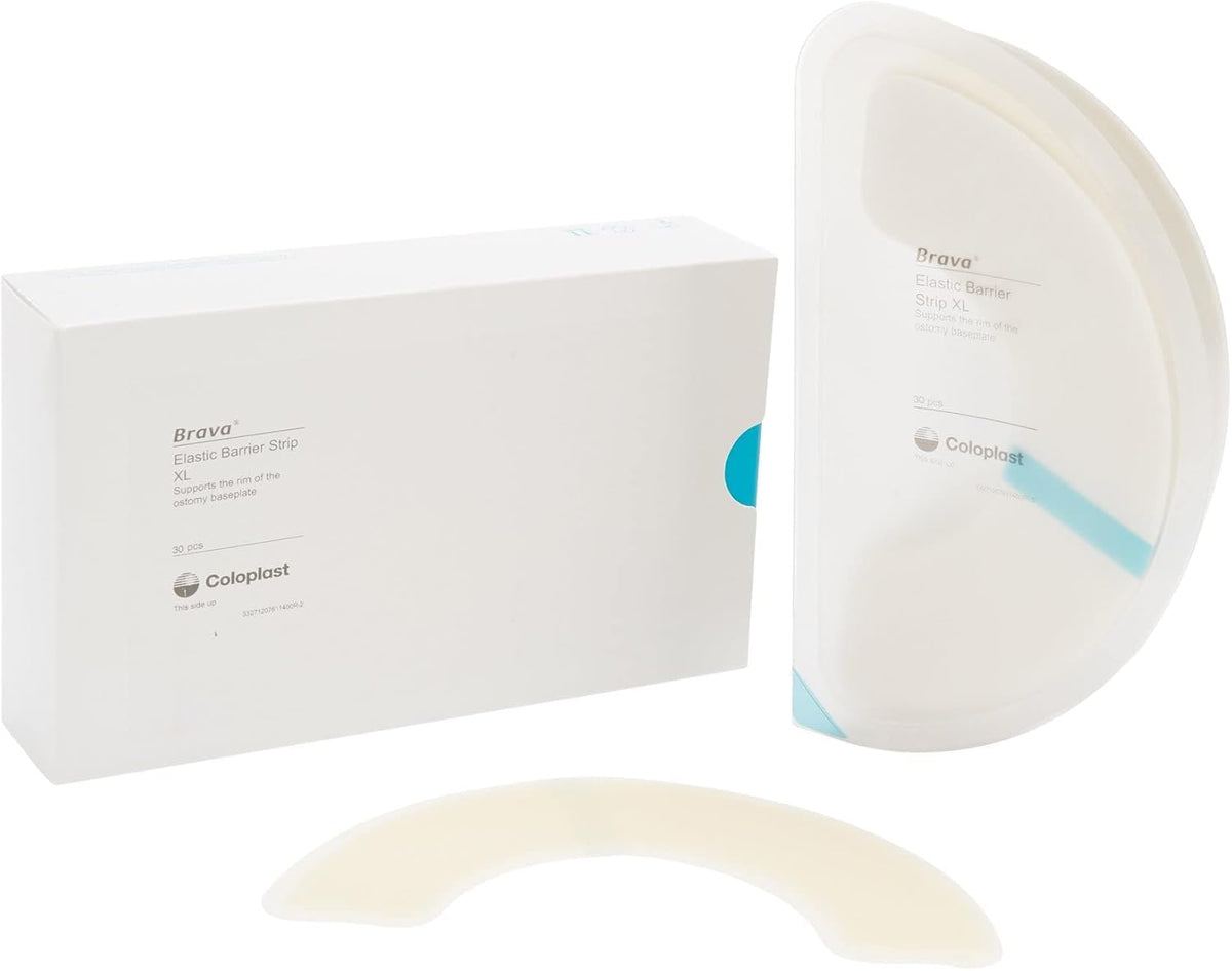 Coloplast Brava Elastic Barrier Strip XL pack shot demonstrating secure baseplate with extended adhesive.