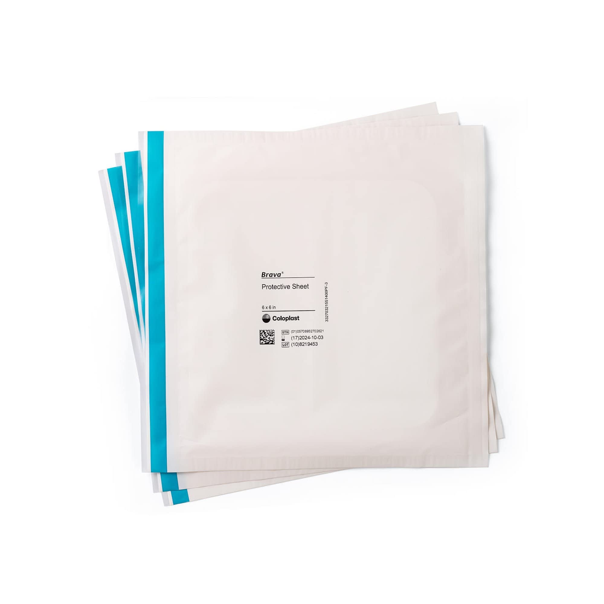 Coloplast Brava stoma sheet closeup showing 6x6 inch barrier for peristomal skin.