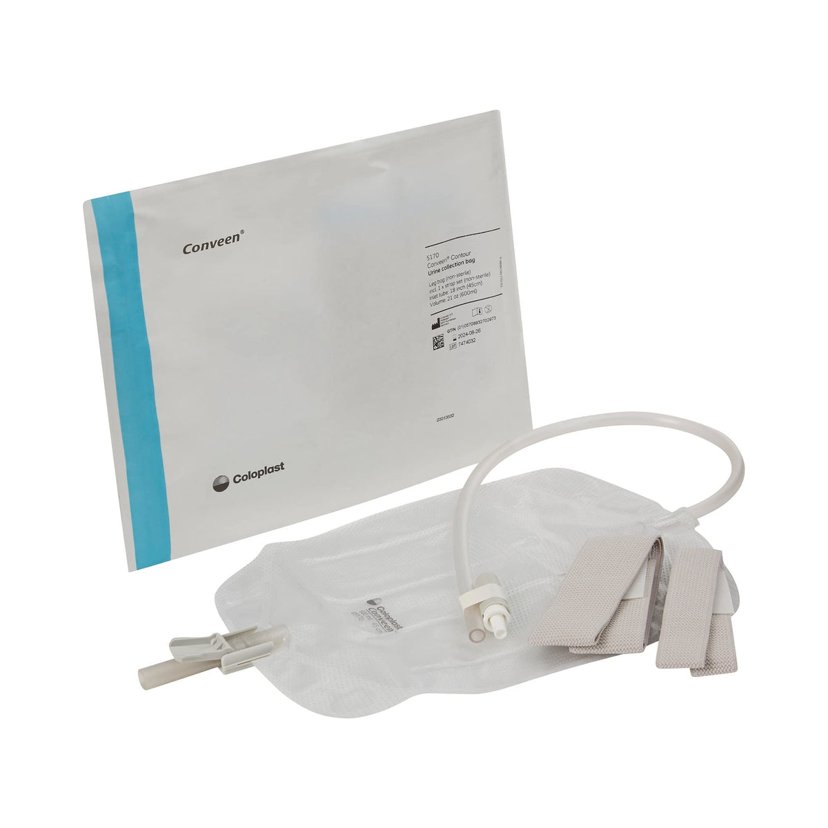 Coloplast Conveen Security+ 600 mL leg bag close-up showing discreet wear