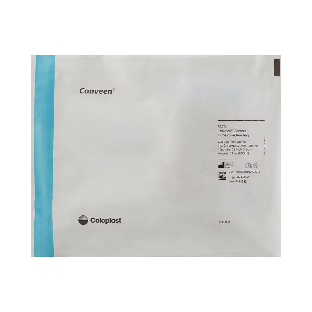Coloplast Conveen Security+ 600 mL leg bag with pre-attached anti-kink tubing