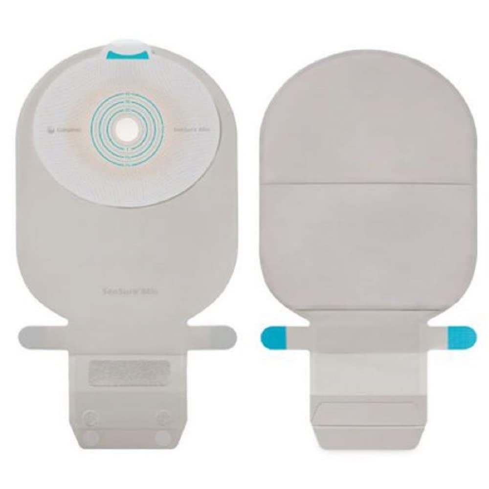 Coloplast SenSura Mio filtered ostomy pouch close-up highlighting discreet neutral-grey fabric and secure fit