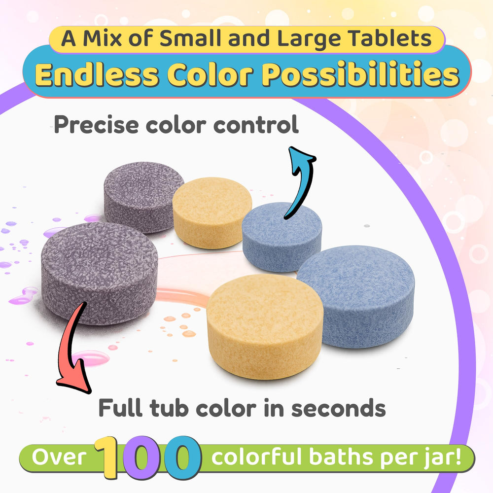 Color My Bath color-changing tablets poured to reveal vibrant bath hues.