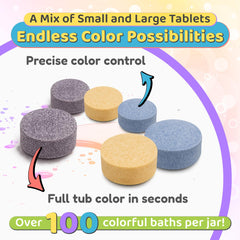 Color My Bath color-changing tablets poured to reveal vibrant bath hues.