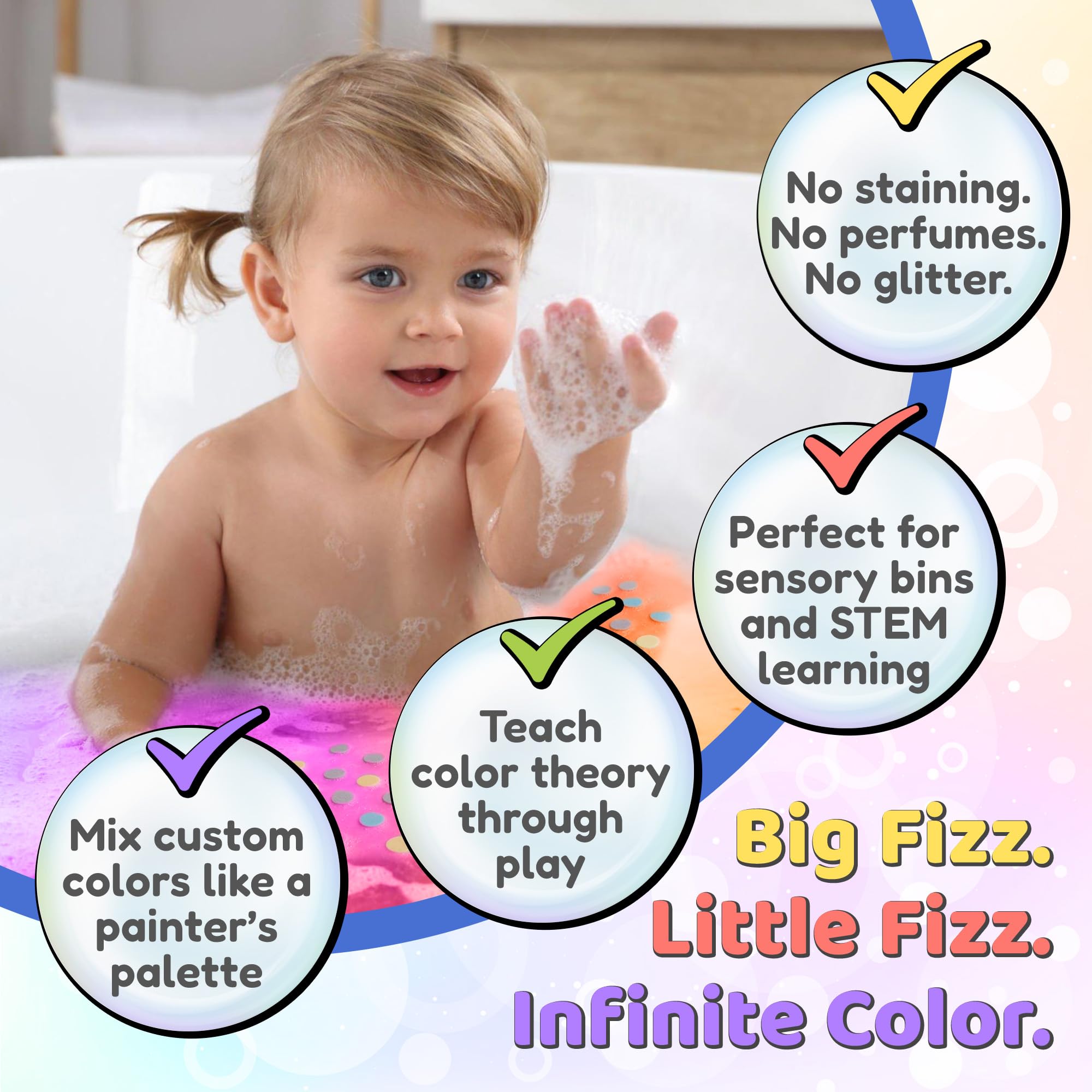 Color My Bath fragrance-free tablets demonstrate non-toxic, gentle color in the tub.