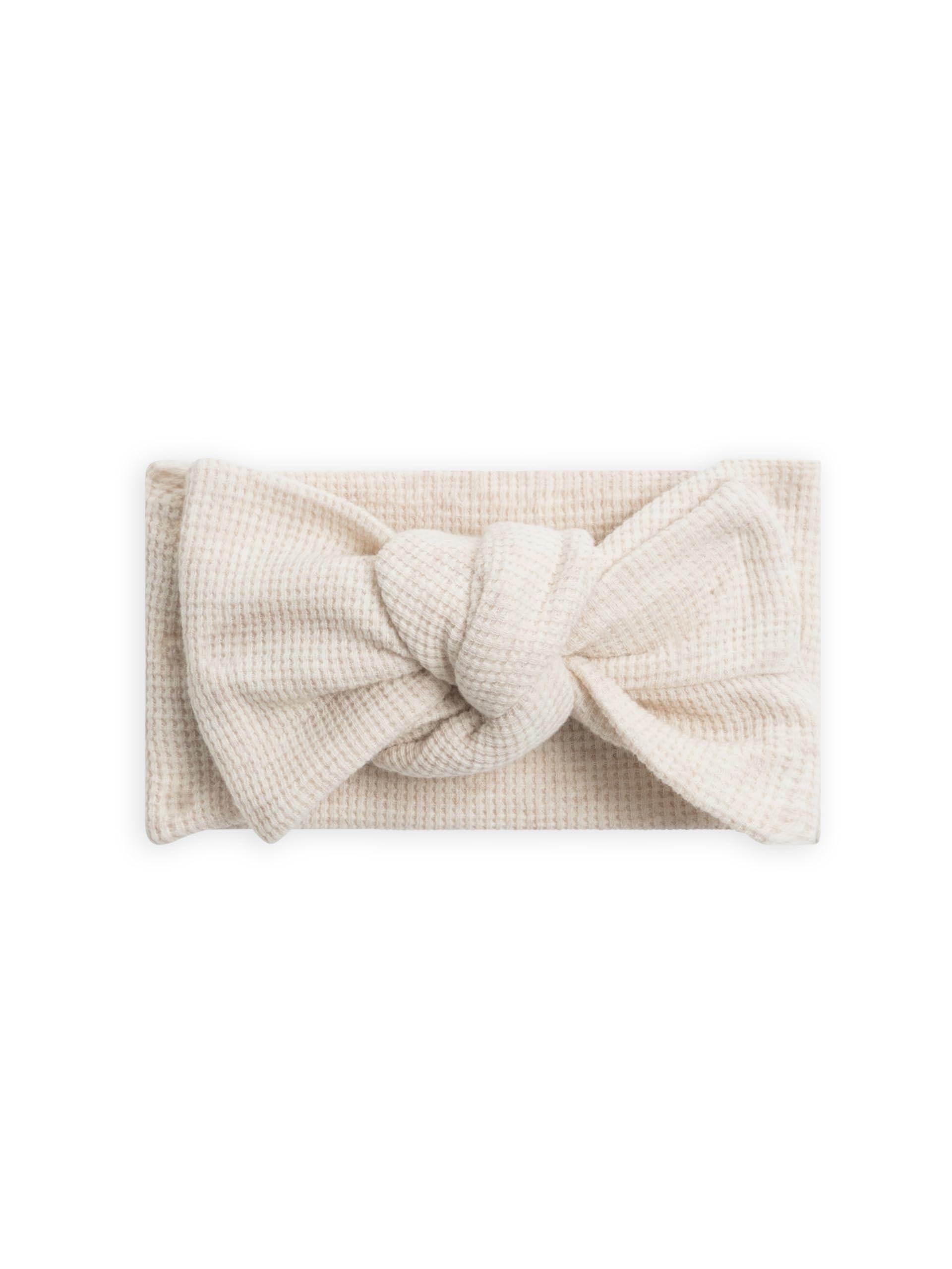 Colored Organics Hattie Bow Wrap Headband in Heather Oat Waffle, soft and adjustable for babies.