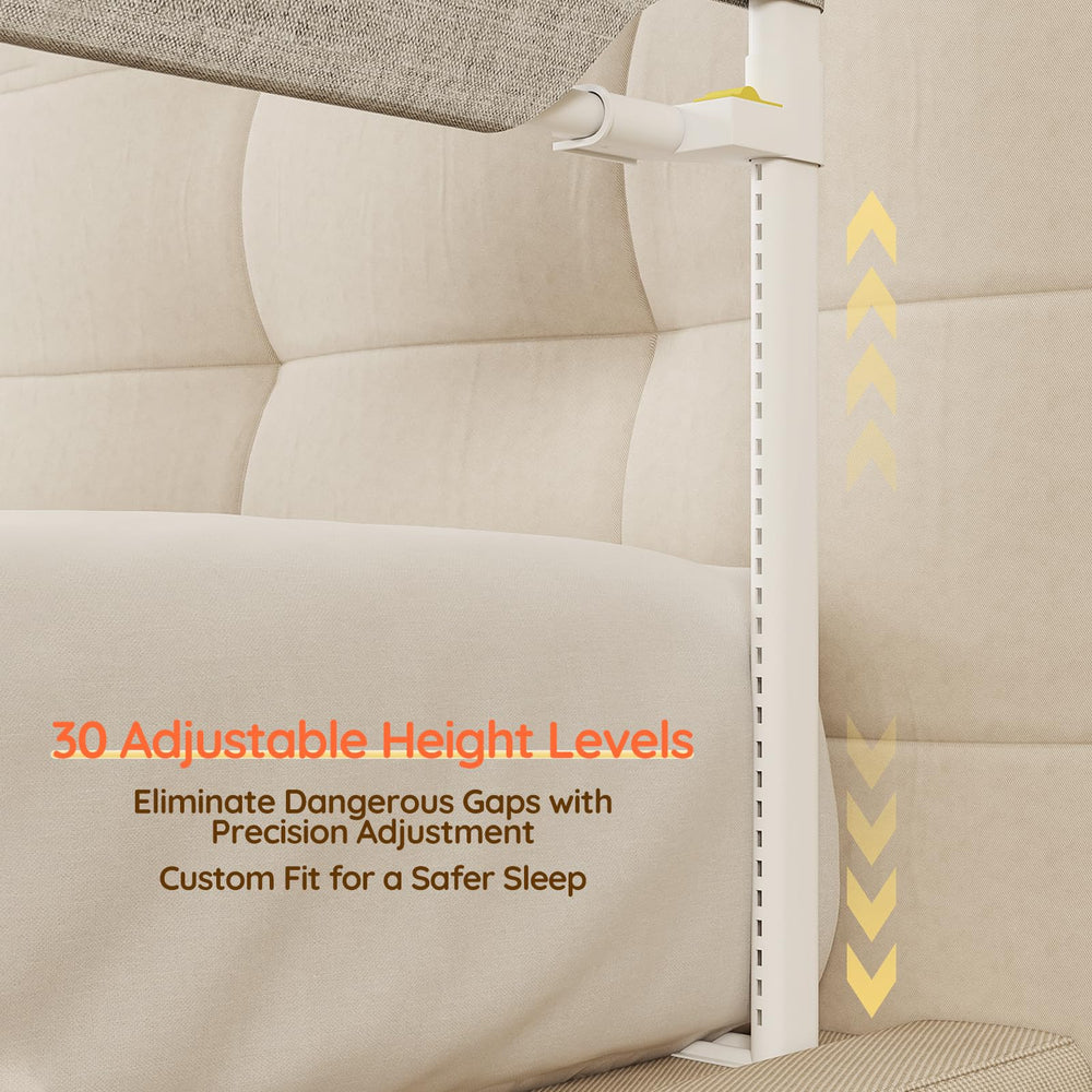 Colorfarm bed rail compatibility guide explains 30 height levels for thick mattresses.