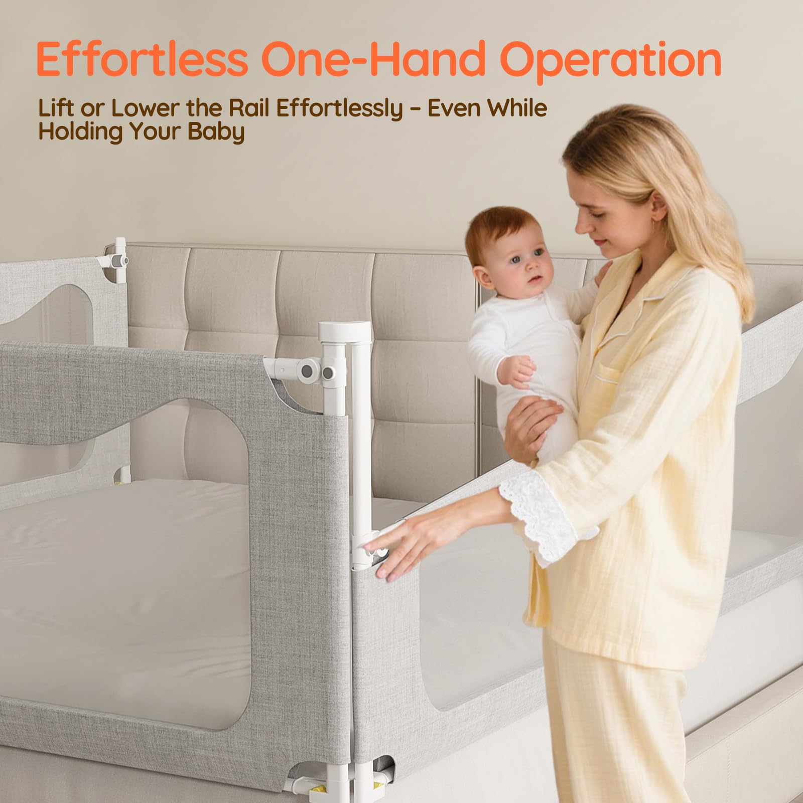 Colorfarm king-size bed rail side view shows universal compatibility with platform or box springs.